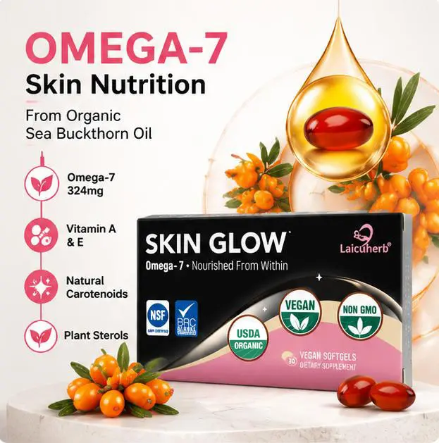 Organic Sea Buckthorn Oil Omega-7 Supplement, 324mg Omega-7 Softgels with Natural Carotenoids, Vitamin A & E, Plant-Based Beauty Nutrition, Vegan Non-GMO, 30 Softgels
