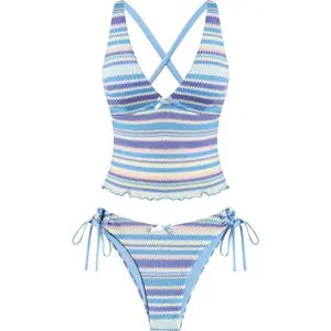 Women's Tankini Set V Neck Tummy Control Floral Printed Tie Side Thong Bikini Swimsuits 2 Piece Bathing Suits