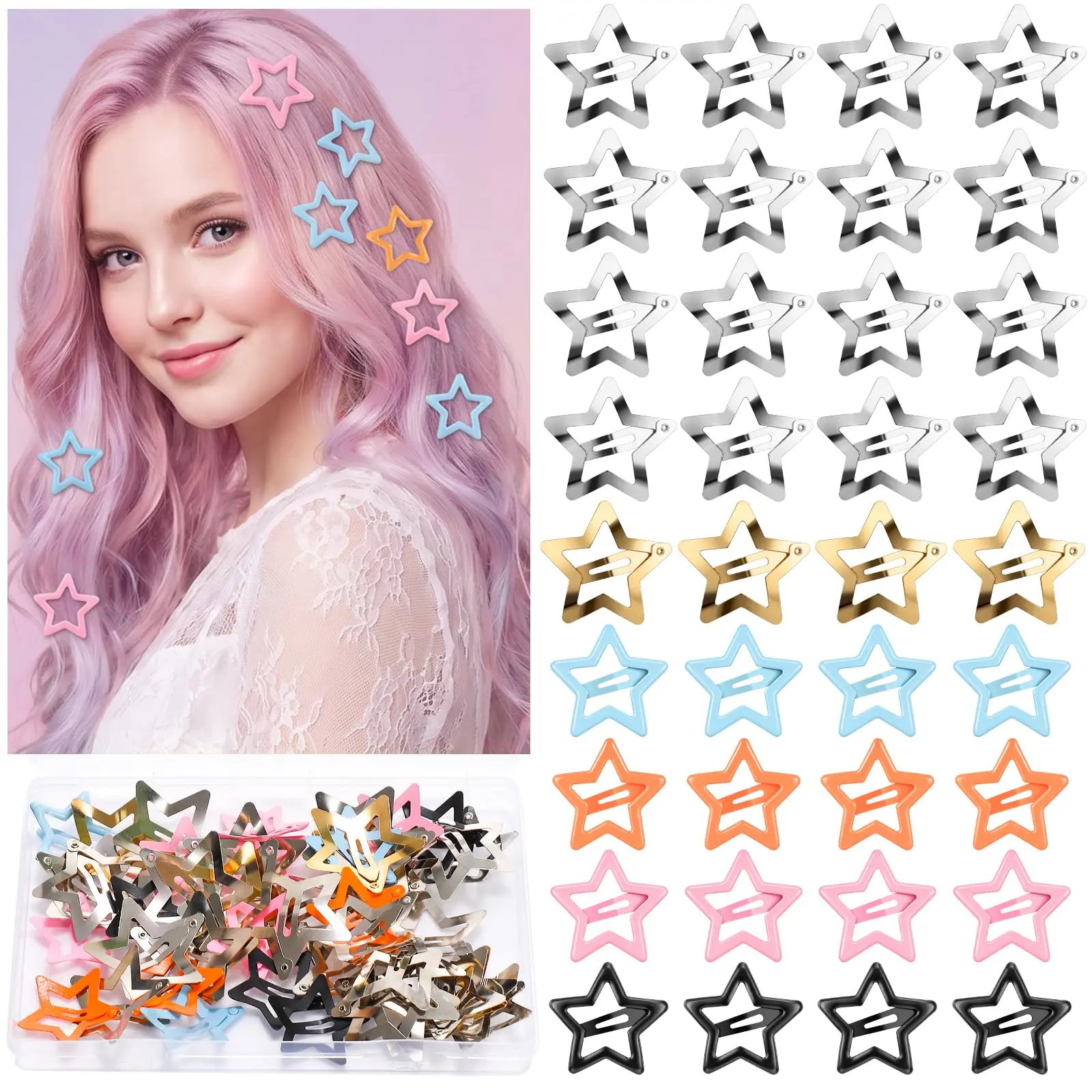Star Hair Clips Snap, 54 Pack Metal Barrettes 1.57in & 1.18in | Non Slip Silver Cute 2000s Y2K Hair Pins Accessories for Girls & Women Daily Party Use 34 Pcs 1.57"&20 Pcs 1.18" Star Clips
