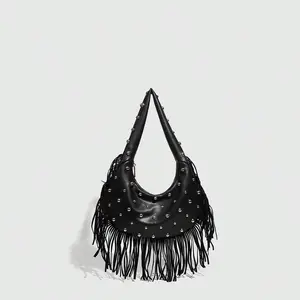 LOXOMU Punk Shoulder Bag for Women with Fringe Tassel, Trendy Rivet Studded Women's Crossbody Sling Bag