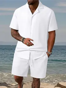 Men’s casual two-piece set featuring a notched lapel cardigan and drawstring shorts, minimalist solid color design, comfortable and breathable, doesn’t feel stuffy when sweating, suitable for everyday commuting in summer.
