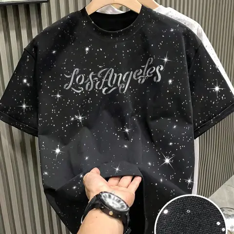 Men's Fitted Short-Sleeve T-Shirt with Letter Print, Crew Neck T-Shirt with Starry Sky Shimmer Craft, Comfortable Casual Streetwear, Suitable for Daily Leisure Outings, Menswear, Aesthetic Graphic Tee