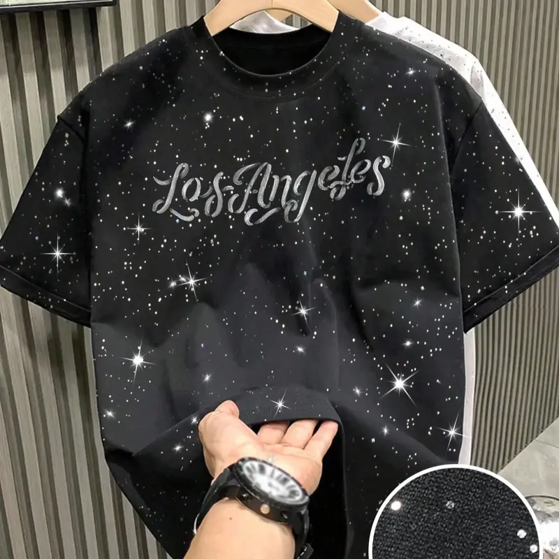 Men's Fitted Short-Sleeve T-Shirt with Letter Print, Crew Neck T-Shirt with Starry Sky Shimmer Craft, Comfortable Casual Streetwear, Suitable for Daily Leisure Outings, Menswear, Aesthetic Graphic Tee