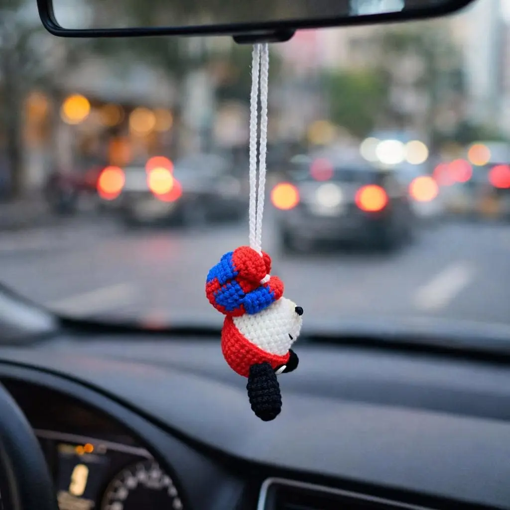 Crochet Superhero Dog Hanging Ornament, Red Blue Puppy Car Charm, Cute Amigurumi Decor Gift