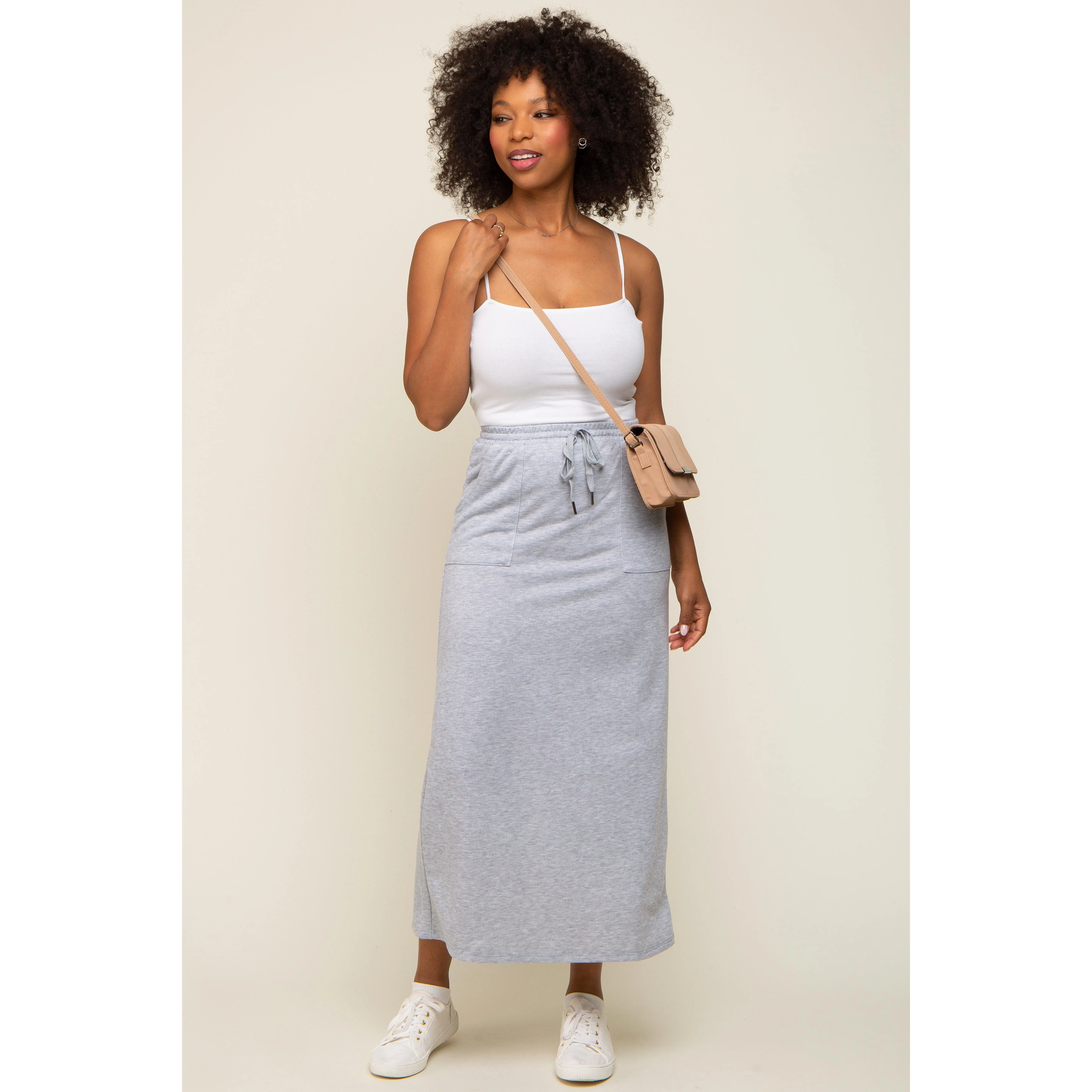 Women's Grey Fleece Knit Drawstring Maxi Skirt, Adjustable Basic Elastic Bottoms, Minimalist, Maxi Skirts, Drawstring Skirts