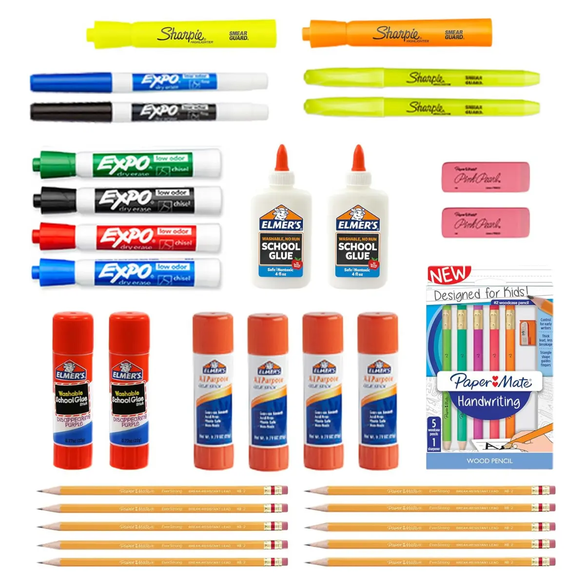 31-Count School Supply Variety Pack - My First All-in-1 Set with Expo Dry Erase Markers, Paper Mate Pencils, Elmer’s Glue Sticks, Pourable Glue, Highlighters, and More