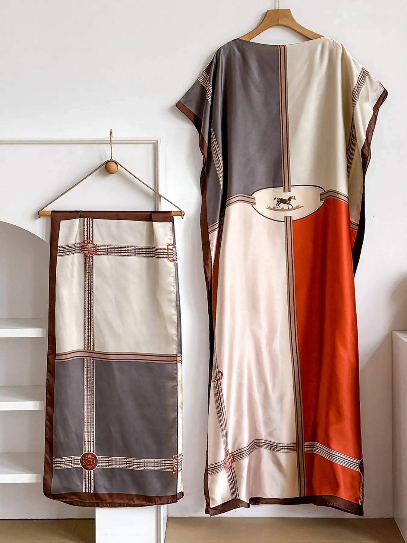 Elegant Long Robe Set, Multicolor Animal Shawl Dress + Headscarf, Casual Beachwear Sun Protection Satin Scarf for Women, Beach Cover Up, Swimwear Coverups, Swimsuit Cover Ups, Summer Coverup, Bathing Suit Cover Ups