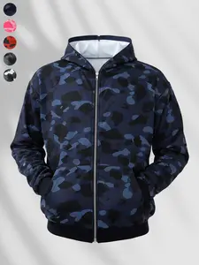 Trendy Camo Hoodie Jacket, Street Style Design, Fitted Long Sleeve Zipper Hooded, Multicolor Practical, Fall & Winter Fashion