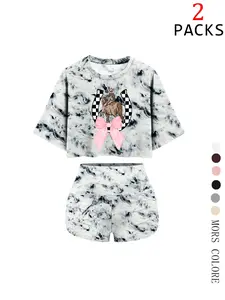 Women's Marble Print Crop Top & Skinny Shorts Two-piece Set, Casual Fashion Cozy Breathable Two Piece Outfits for Daily Outdoor Wear, Ladies Clothes for Summer, Suits