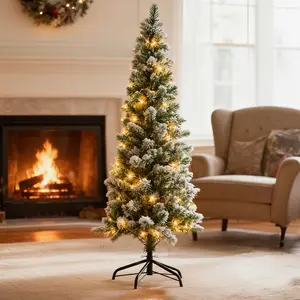 Pre-lit Artificial Pencil Christmas Tree, Prelighted Artificial Hinged Spruce Christmas Tree with Branch Tips, Incandescent Lights & Foldable Base for Home, Office, Party