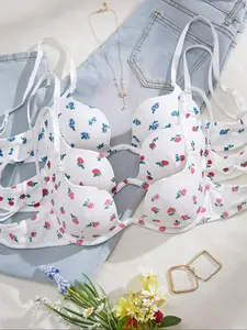 Women's Floral Print Push-Up Adjustable Strap Bra Set, 3-Piece Cute Comfortable Wireless Bras, Perfect for Daily Wear & Gifts