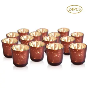 24-Pack Vintage Mercury Glass Candle Holders (2.5-Inch, Lila Design, Liquid Motif, Rustic Red Copper) - For Use with Tea Lights - For Parties, Weddings and Homes