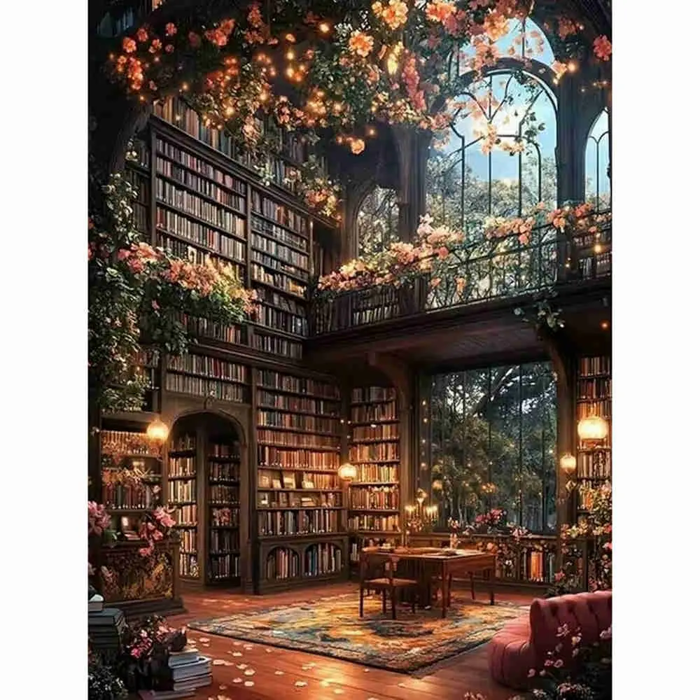 Enchanted Library with Blooming Flowers Diamond Painting Kit, Magical Book Nook & Cozy Study Scene, 5D Full Drill Round Rhinestone Cross Stitch, Fantasy Floral Library Art, Handicraft Academia Home Decor, Book Lover DIY Craft Gift, Diy Craft Supplies