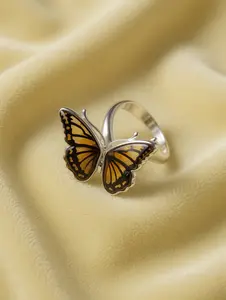Sterling Silver Handmade Amber Large Butterfly Adjustable Ring