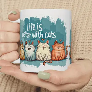 11oz Ceramic Coffee Mug with Cats Dishwasher & Microwave Safe Perfect Gift for Cat Lovers Sublimation Printed White Tea Cup BPA Free