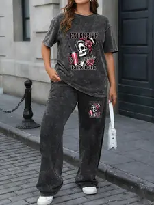 Spring & Summer Plus Size Sports Two-Piece Set with Patchwork Print, Tie-Dye Washed Vintage Short Sleeve T-Shirt and Wide-Leg Pants, Plus Size Women's Jogging Outfit