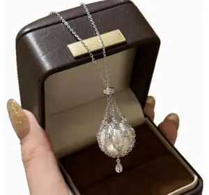 Elegant White Pearl Cage Locket Necklace, 925 Sterling Silver Plated Charm, Perfect Romantic Gift for Girlfriend Wife Mom, Vintage, One Size, Anniversary, Lariat
