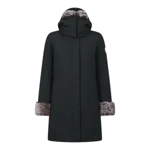 Women's Save The Duck Smeg Hooded Parka with Faux Fur, Long Sleeve Breathable Shell Coat, Everyday Casual Shadow Black Outerwear