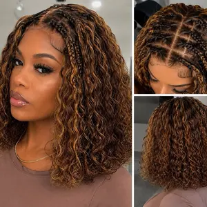 Ombre Brown Curly Wig Boho Braids Deep Curly Glueless 5x5 HD Closure Lace with Braided Top Human Hair Wig Pre-Cut HD Lace Wig