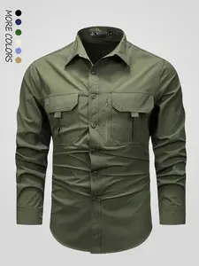 Men's Solid Pocket Button Front Shirt, Regular Fit Casual Long Sleeve Collared Top for Fall & Winter, Men's Clothes for Outdoor Work, Designer Shirt Workwear for Men, Long Sleeve Shirts, Menswear, Tactical Shirt