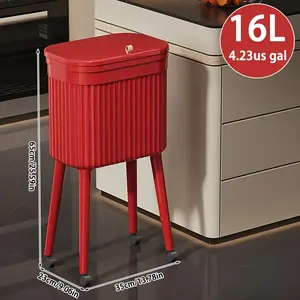 Large Capacity 16L Heavy Duty Plastic Trash Can with Removable Inner Bucket High Handle Smooth Lid Modern Rectangular Design Wheeled Bottom Space Saving for Kitchen Office Bathroom Bedroom