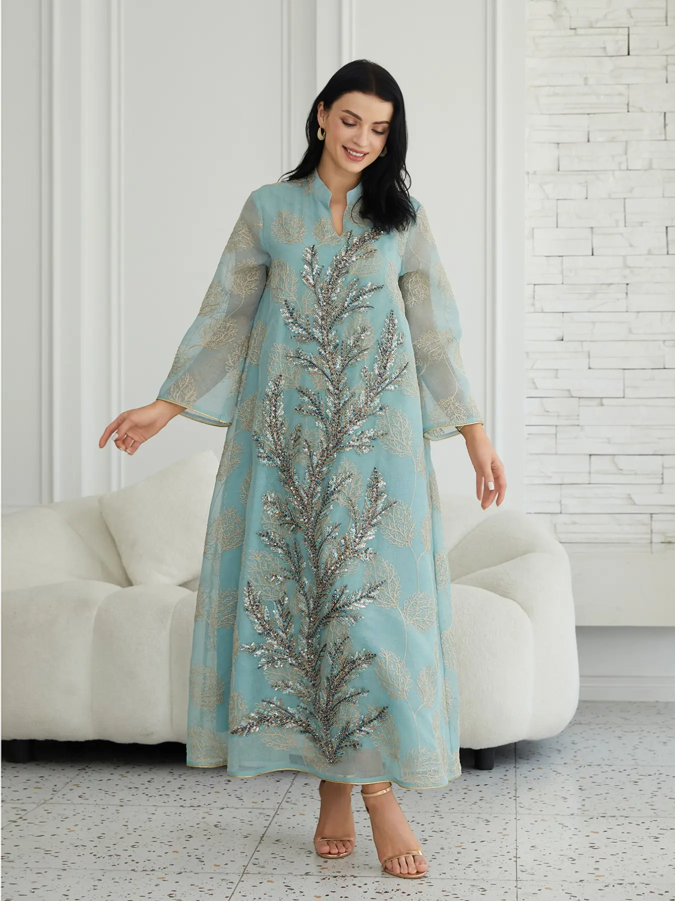 Middle Eastern Women's Traditional Style Elegant Sequined Mesh Dress Ethnic Print Kaftan Robe, Fashionable Long Gown for Special Occasions, Ethnic Pattern Kaftan