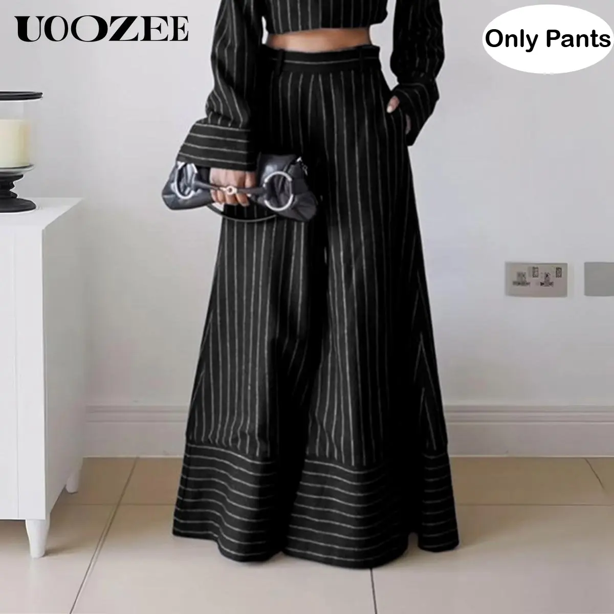 UOOZEE Women's Baggy Striped Cotton Trousers, Relaxed Cut Wide-Leg Bottoms with a Mid Waist and Pockets for Office Outfits, Thanksgiving, Valentines Day, Patterned Pants, Slit Pockets, Foldable, Clothes, Business Casual Pants, Striped Look, 30% Artificial