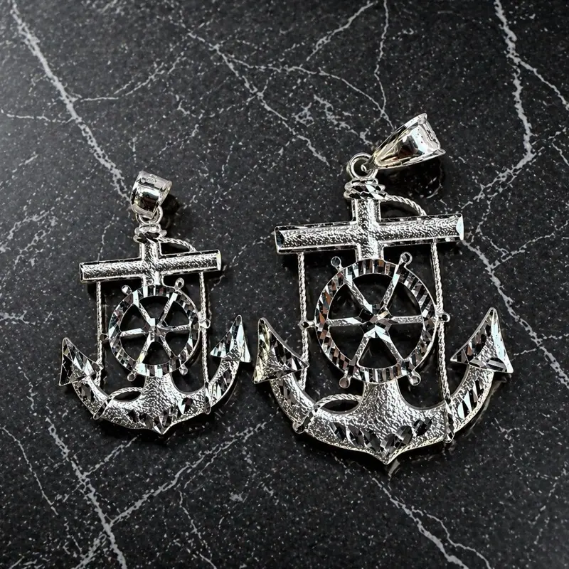 Men’s Nautical Anchor Cross Pendant – 925 Silver Maritime Ship Wheel Necklace