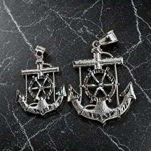 Men’s Nautical Anchor Cross Pendant – 925 Silver Maritime Ship Wheel Necklace