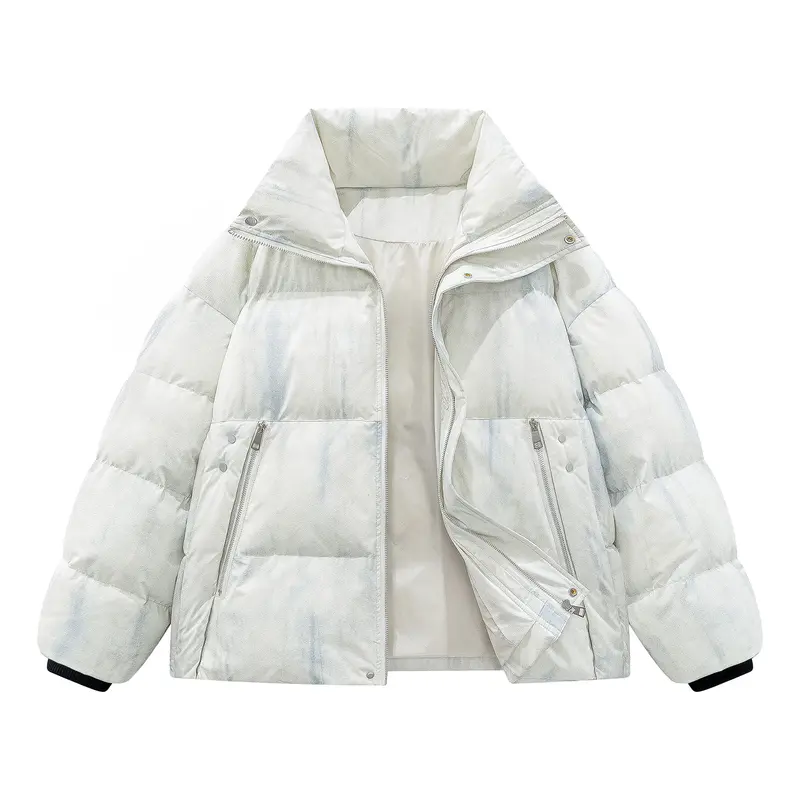 Men's/Women's Tie-Dye White Puffer Jacket, Stand Collar Warm Winter Down Outerwear