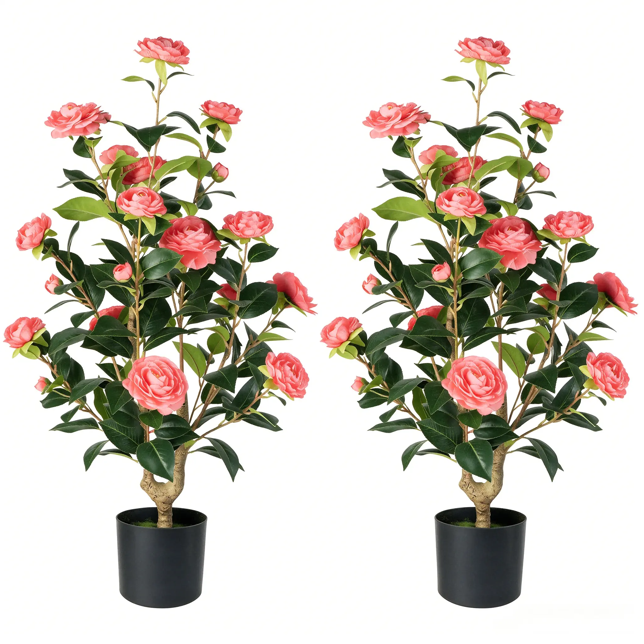 36” Artificial Camellia Tree 2-Pack, Pink Realistic Faux Camellia Flower Shrubs with Black Planter, UV & Weather Resistant Non-Fading Fake Flower Plants, Indoor Outdoor Decor for Patio Garden Bedroom Wedding, Ideal Housewarming Gift