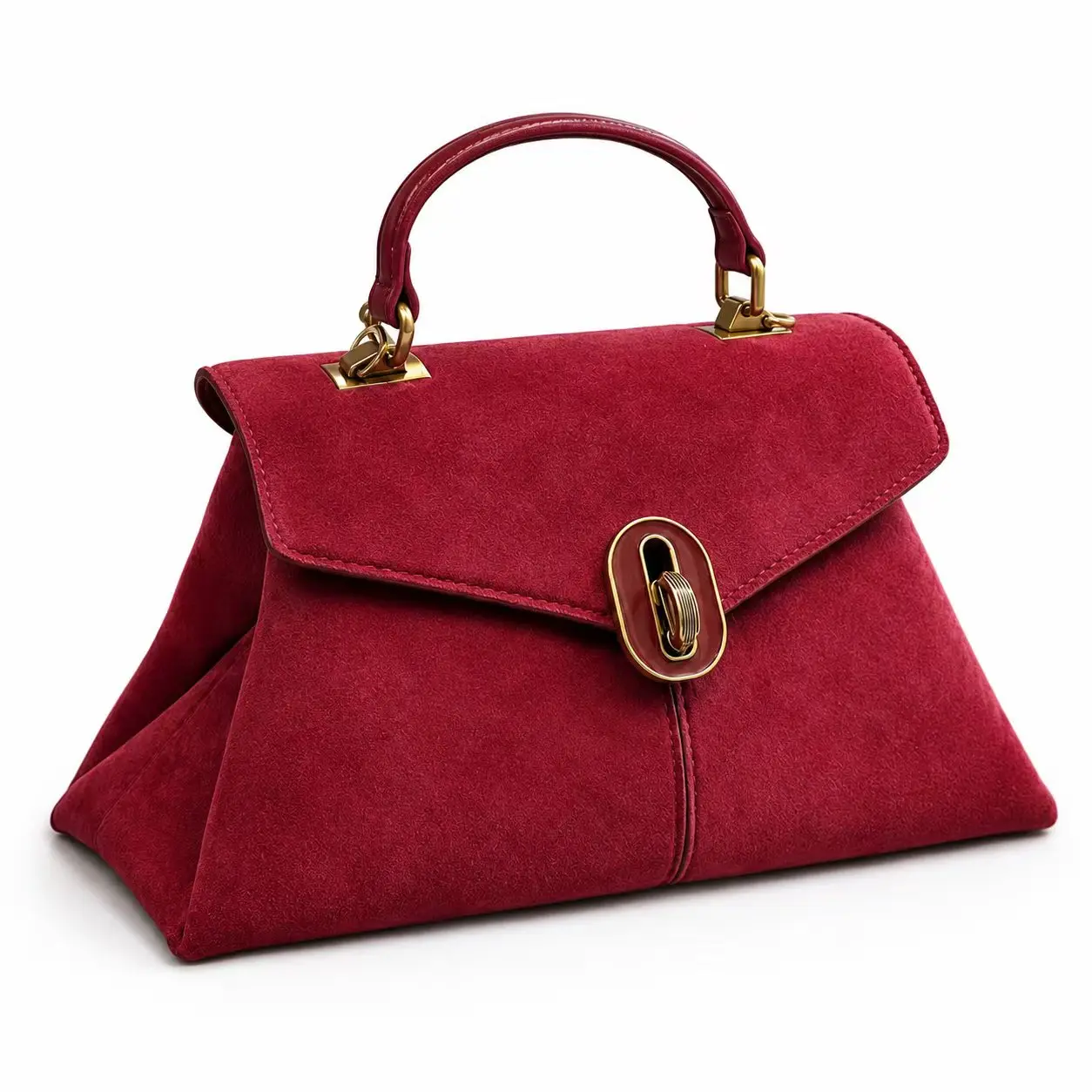 Women's Vintage Ruby Red Soft Suede Top Handle Satchel - Classic Handbag with Elegant Gold Lock Flap, Luxury Finds for Wedding Bridal Formal Party, Premium Structured Crossbody Handbags for Office, Handbags For Women