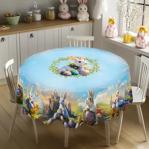 XEXSIN Spring Easter Tablecloth, Blue Easter Table Cloth Rectangle/Round with Bunny and Easter Egg, Rabbit Print Kitchen Table Cover Suitable for Holiday Kitchen Dining Tables, Outdoor/Indoor Parties and Camping, Room Decor, Farmhouse Style Decor