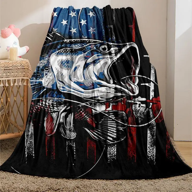 Flag & Fish Pattern Blanket, 1 Count Soft WarmNapping Throw Blanket with Storage Bag, CoolBedroom Bedding Blankets for Home OfficeTravel Camping