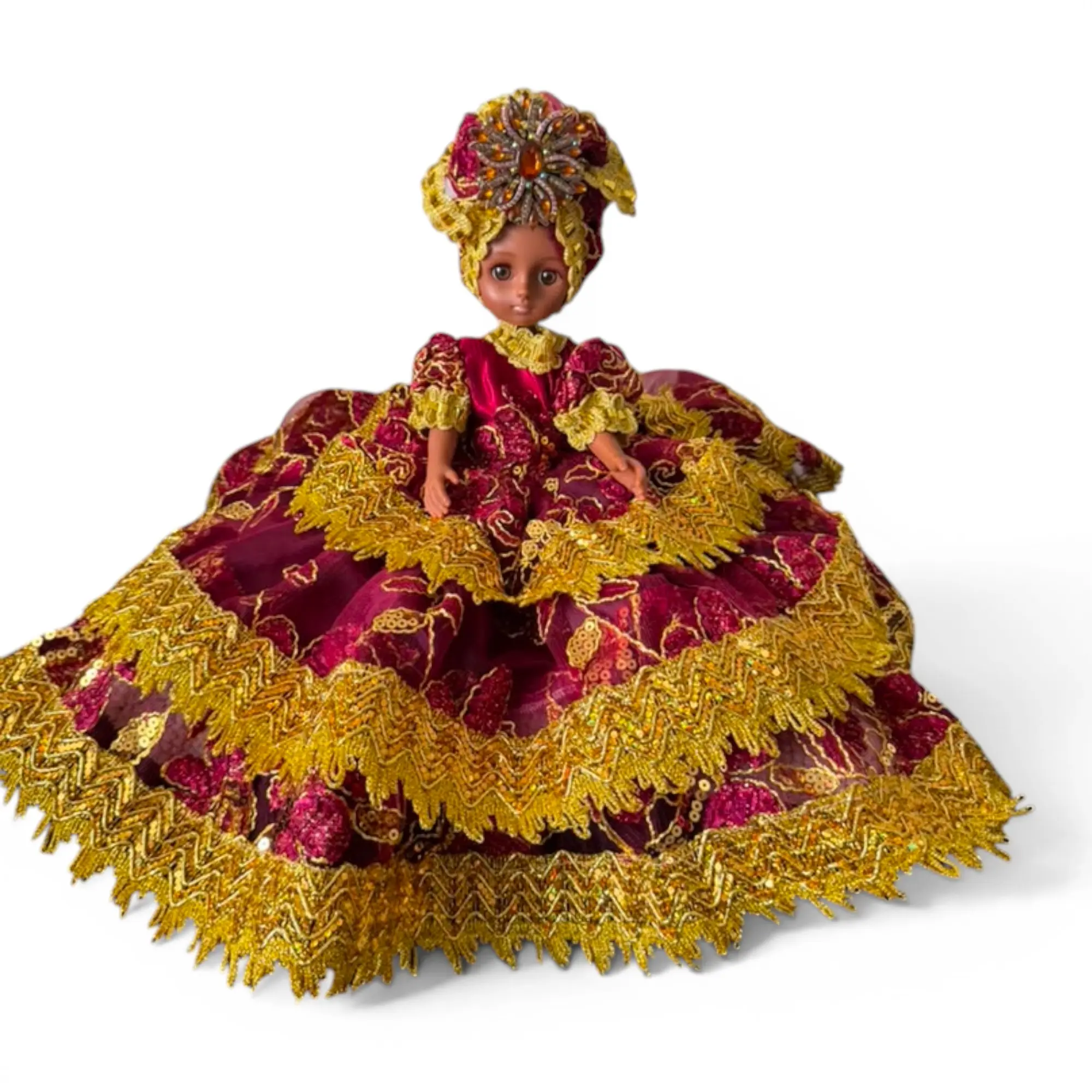 Handmade Oya Spiritual Doll with Burgundy and Gold Dress - Yoruba Santeria Orisha Religious Decor, African Altar Figurine, Collectible Gift