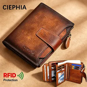 CIEPHIA Men's Genuine Leather Wallet - Vintage Short Style, Multi Card Slots, Large Capacity, RFID Blocking Protection, Zipper Coin Pocket Money Bag