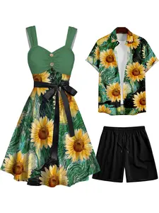 2025 Vacation Couple Outfit Women's Van Gogh Sunflower Pattern Mock Button Ruched Bust Tank Belt Dress and Men's Roll Up Sleeve Shirt Solid Color Drawstring Shorts Matching Outfit