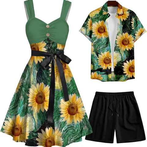 2025 Vacation Couple Outfit Women's Van Gogh Sunflower Pattern Mock Button Ruched Bust Tank Belt Dress and Men's Roll Up Sleeve Shirt Solid Color Drawstring Shorts Matching Outfit