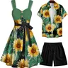 2025 Vacation Couple Outfit Women's Van Gogh Sunflower Pattern Mock Button Ruched Bust Tank Belt Dress and Men's Roll Up Sleeve Shirt Solid Color Drawstring Shorts Matching Outfit