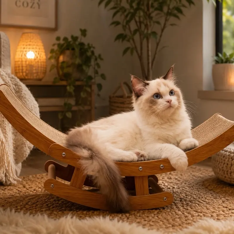 Cat Scratcher Bed & Rocking Lounge | Wooden Corrugated Cardboard Scratcher | Modern Cat Lounger & Nap Bed home pet supply Dual-Sided board rocker