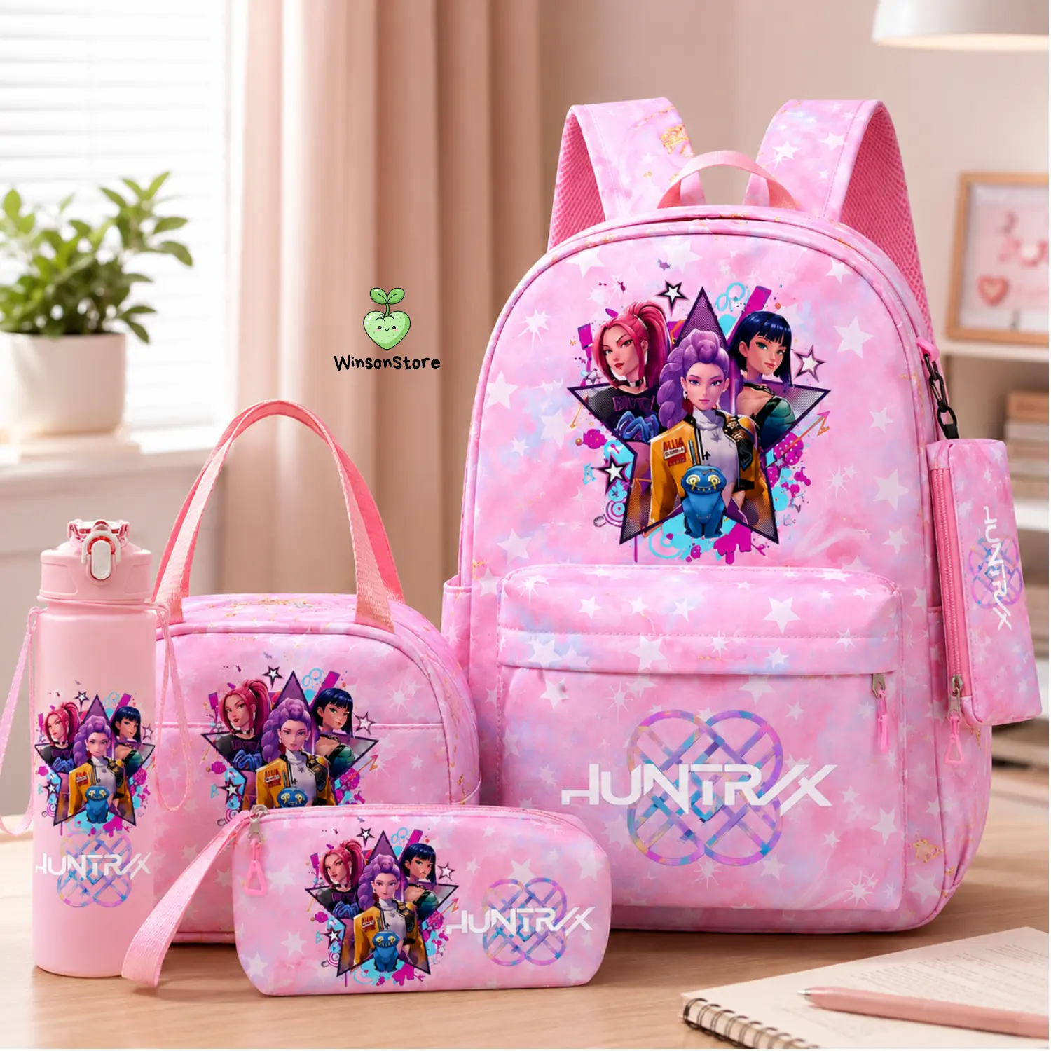 Huntrix 4PCS Backpack Set for Girls | School Backpack, Lunch Bag, Pencil Case & Water Bottle | Cute Kids Bookbag for Back to School