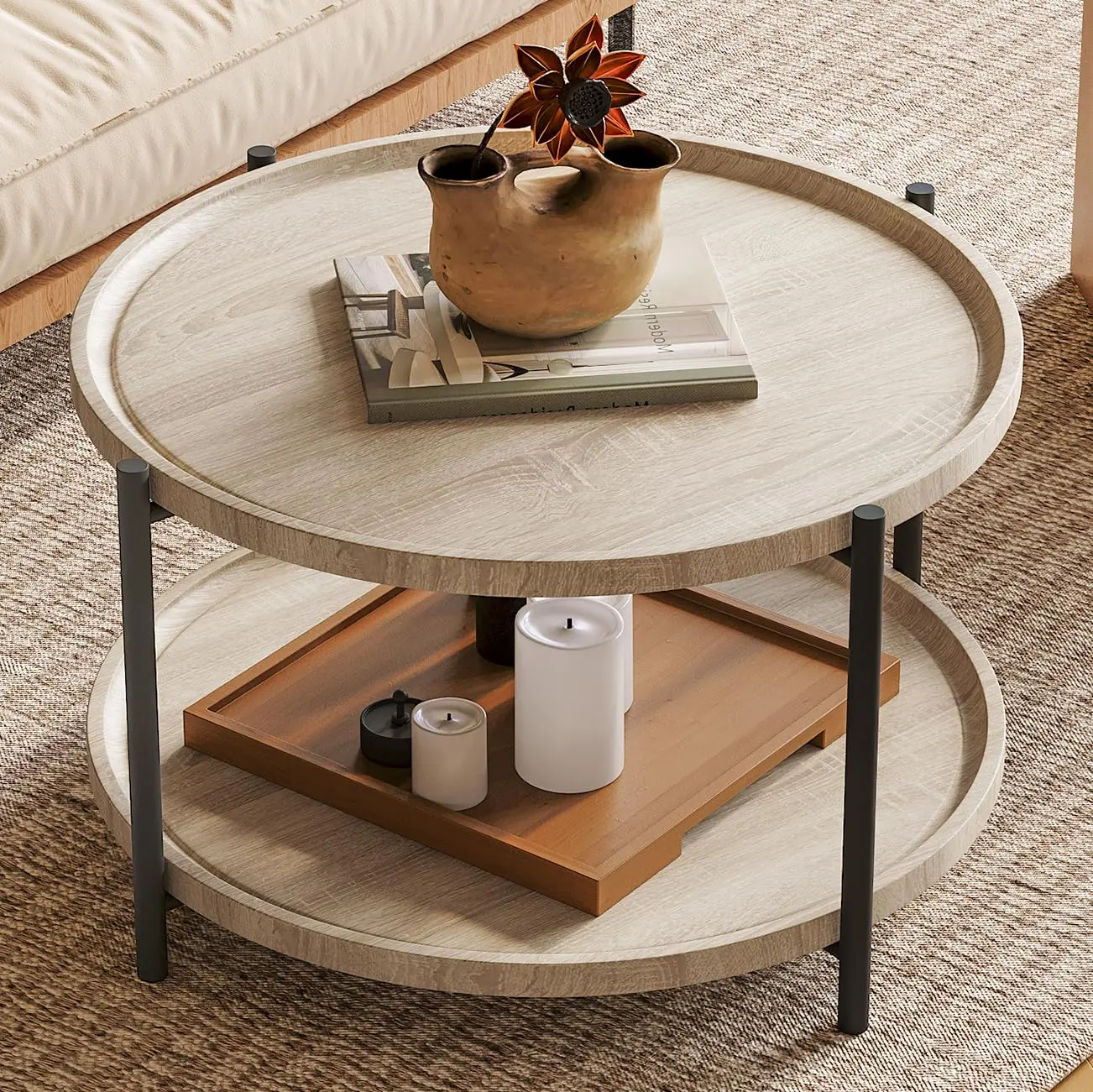 Garvee Round Coffee Table for Living Room, Rustic Wood Central Table with Sturdy Metal Legs, 2-Tier Circular Coffee Table with Storage Shelf, Central Sofa Table