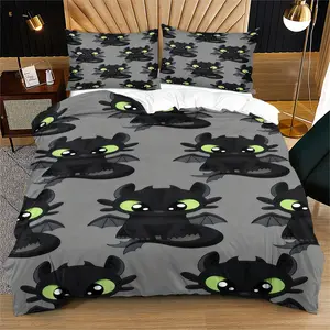 Dragon Taming Master Theme Quilt Set, Toothless Pattern Bedding Set, Suitable for Room and Bedroom Decoration of Children, Boys, Girls, and Fans, Including 1 Bed Quilt Set and 1 or 2 Pillowcases