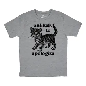 Youth Funny T Shirts Unlikely to Apologize Sarcastic Kitten Graphic Novelty Tee for Kids Funny T Shirts Cat Tops for Kid Funny Sarcastic Short Sleeve Novelty Tees for Kids Light Grey
