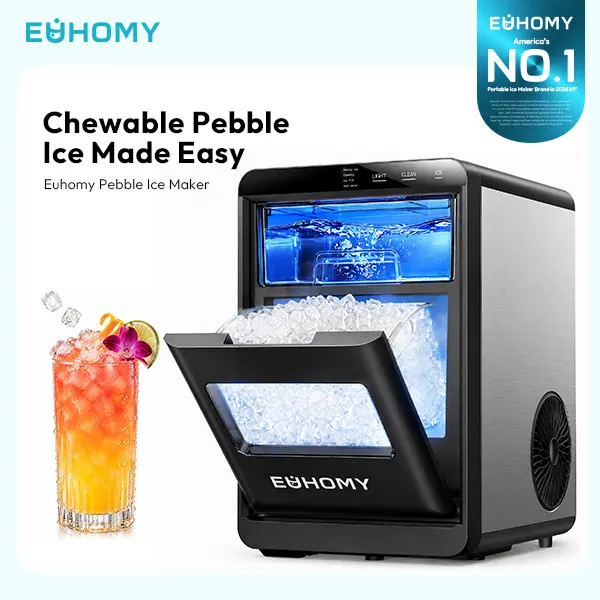 EUHOMY Countertop Ice Cube Maker, 35Lbs/24H & 44Lbs/Day Soft Chew Fast Ice Supply Machine, Self-Cleaning with Scoop & Basket for Home Drinks (Black&Gray&Sliver)