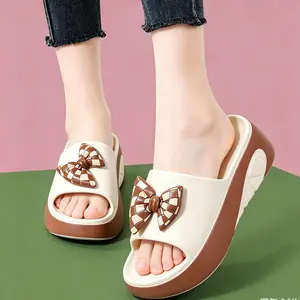 Women's Brown & Beige Checkerboard Bow Chunky Sandals - Soft Cushioned Sole, Textured Platform, Open-Toe Shoe, Stylish Flatform Slipper for Daily Walking, Indoor-Outdoor Footwear for Women, Sandals Women
