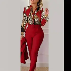 Elegant Women Printed Two Piece Suit Sets Spring Autumn V Neck Long Sleeve Shirt Top & Long Pants With Belt Workwear Outfits Clothes Womenswear Red Basic
