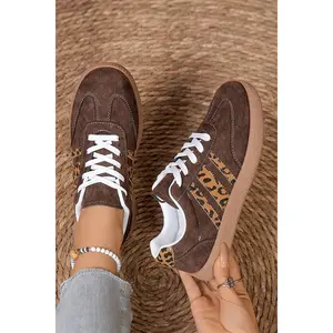 Coffee Contrast Lace-up Leopard Patchwork Detail Faux Suede Shoes