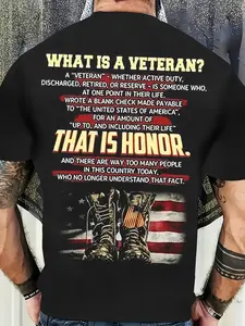"Veterans - American Flag and Boots" Patriotic and Honor-Themed Crew Neck Men's T-Shirt - Comfortable all-season casual wear suitable for Veterans Day celebrations, memorial events, and military-related gatherings.