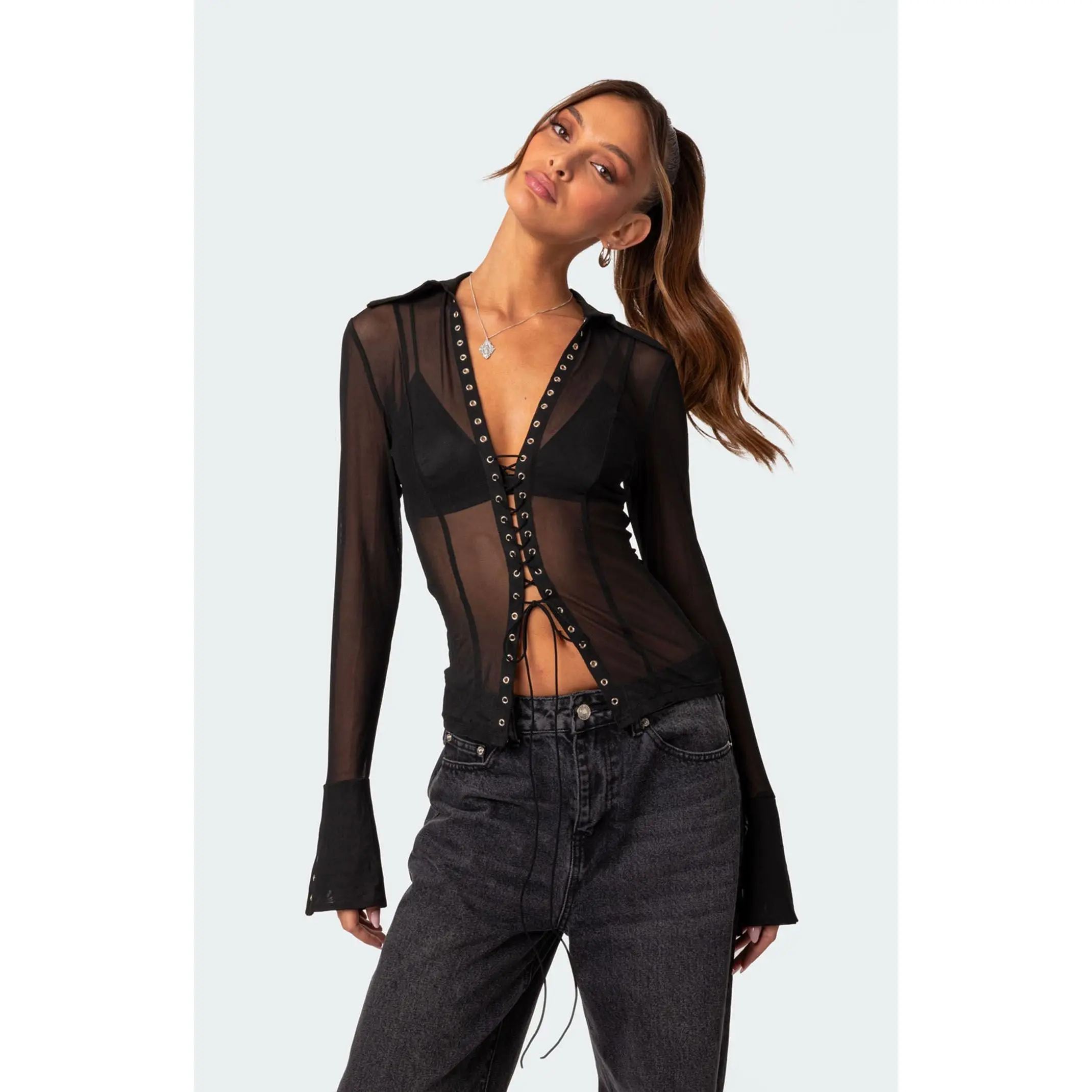Edikted Women's Lace Up Sheer Mesh Top